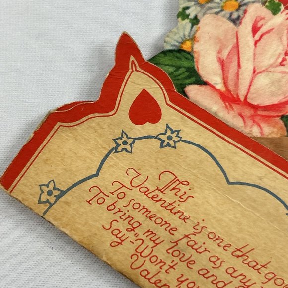 Vintage Pull Down Valentine Card Girl Fan Folding Flowers Roses USA Ephemera - Picture 12 of 13